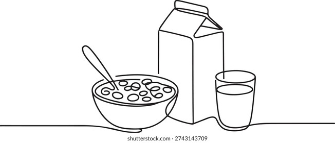 One continuous line drawing of fresh delicious cereal breakfast and milk with gable top carton box. Healthy natural food. Modern single line draw design. one line Icon drawing
