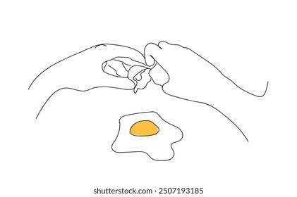 One continuous line drawing of  Fried egg recipe.  Breaking eggs into small frying pan. Spade throws food. Breakfast dish. Cooking process concept. Isolated vector illustration.