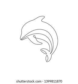 One Continuous Line Drawing Of Friendly Cute Dolphin For Fish Tank Aquarium Logo Identity. Happy Mammal Animal Concept For Company Mascot. Modern Single Line Draw Vector Graphic Design Illustration