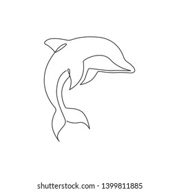 One continuous line drawing of friendly cute dolphin for fish tank aquarium logo identity. Happy mammal animal concept for company mascot. Dynamic single line draw design illustration vector graphic