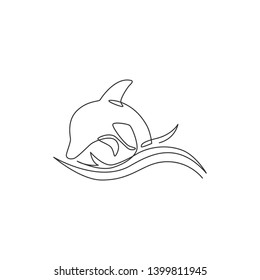 One Continuous Line Drawing Of Friendly Cute Dolphin For Fish Tank Aquarium Logo Identity. Happy Mammal Animal Concept For Company Mascot. Trendy Single Line Vector Draw Design Graphic Illustration