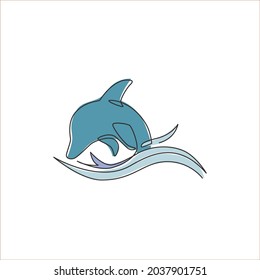 One continuous line drawing of friendly cute dolphin for fish tank aquarium logo identity. Happy mammal animal concept for company mascot. Trendy single line vector draw design graphic illustration