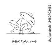 One continuous line drawing of frilled neck lizard vector illustration. Type of Lizard animal themes design concept with simple linear style. Lizard are reptiles with scaly skin, four legs, and a tail