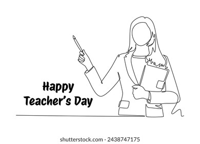 One continuous line drawing of front view of a young female teacher explaining. World Teachers Day. Trendy single line draw design vector graphic illustration