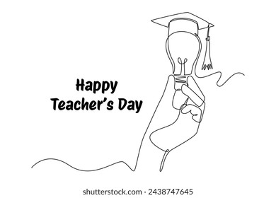 One continuous line drawing of front view of hand holding a lamp with a toga hat. World Teachers Day. Trendy single line draw design vector graphic illustration