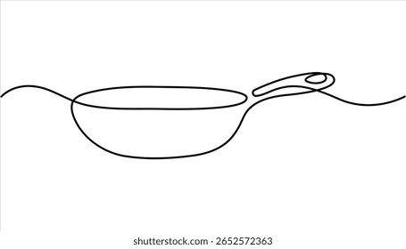 Eine durchgehende Linie Zeichnung einer Bratpfanne mit einem langen Griff, Saucepan Single Line Icon, Dampf Kochtopf Icon durchgehende Linie Zeichnung. Koch- und Küchenkonzept.
