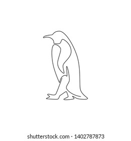 One continuous line drawing of funny penguin for kids toy company logo identity. South pole bird mascot concept for conservation national park. Single line graphic vector draw design illustration
