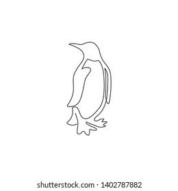 One continuous line drawing of funny penguin for kids toy company logo identity. South pole bird mascot concept for conservation national park. Single line draw graphic design vector illustration