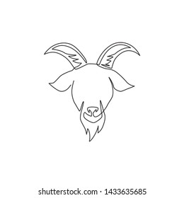 One continuous line drawing of funny cute goat head for livestock logo identity. Lamb mascot emblem concept for cattle icon. Modern single line draw graphic design vector illustration