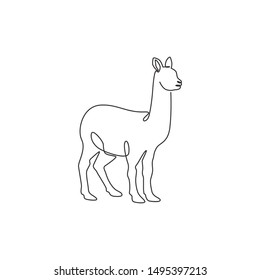 One continuous line drawing of funny alpaca for farm logo identity. Domesticated mammal animal mascot concept for livestock icon. Modern single line draw design vector graphic illustration