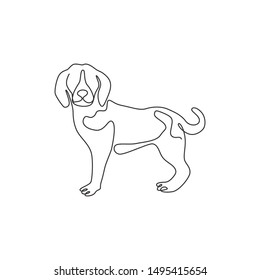 One continuous line drawing of funny beagle dog for company logo identity. Purebred dog mascot concept for pedigree friendly pet icon. Modern single line draw design vector illustration