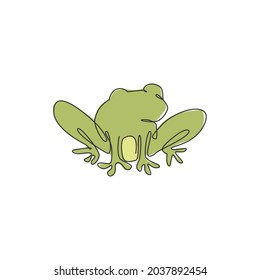 One continuous line drawing of funny frog for kids toy logo identity. Reptile animal icon concept. Modern single line graphic draw vector design illustration