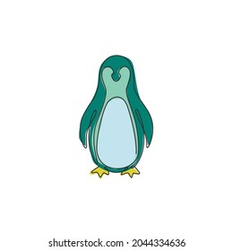 One continuous line drawing of funny penguin for kids toy company logo identity. South pole bird mascot concept for conservation national park. Single line graphic draw vector design illustration