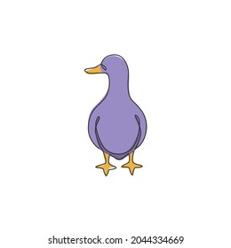 One continuous line drawing of funny white duck for business company business logo identity. Little beauty swan mascot concept for public park. Single line vector draw graphic design illustration