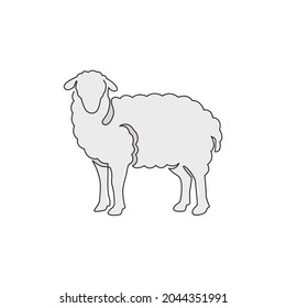 One continuous line drawing of funny cute sheep for livestock logo identity. Lamb emblem mascot concept for cattle icon. Trendy single line draw design vector graphic illustration