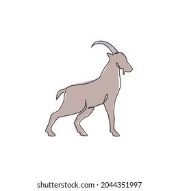 One continuous line drawing of funny cute sheep for livestock logo identity. Lamb mascot emblem concept for cattle icon. Dynamic single line draw design vector illustration graphic