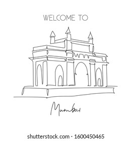 One continuous line drawing Gateway of India landmark. Symbolic monument in Mumbai India. Holiday tour travel wall decor poster print art concept. Modern single line draw design vector illustration