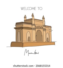 One continuous line drawing Gateway of India landmark. Symbolic monument in Mumbai India. Holiday tour travel wall decor poster print art concept. Modern single line draw design vector illustration