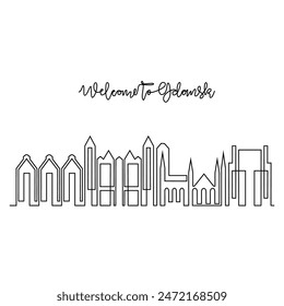 One continuous line drawing of Gdansk skyline vector illustration. Modern city in Europe in simple linear style vector design concept. One of big city in Poland. Iconic architectural building design.