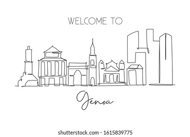 One continuous line drawing of Genoa city skyline, Italy. Beautiful skyscraper. World landscape tourism travel vacation concept wall decor poster. Stylish single line draw design vector illustration