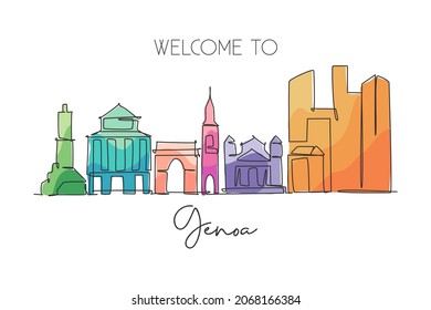 One continuous line drawing of Genoa city skyline, Italy. Beautiful skyscraper. World landscape tourism travel vacation concept wall decor poster. Stylish single line draw design vector illustration