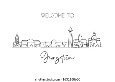 One continuous line drawing of Georgetown city skyline, Guyana. Beautiful landmark home wall decor poster. World landscape tourism travel vacation. Stylish single line draw design vector illustration