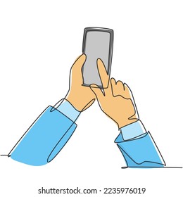 One continuous line drawing of gesture hands holding and touch the screen of smartphone to finish transaction on online shop. Gadget device concept single line draw design graphic vector illustration