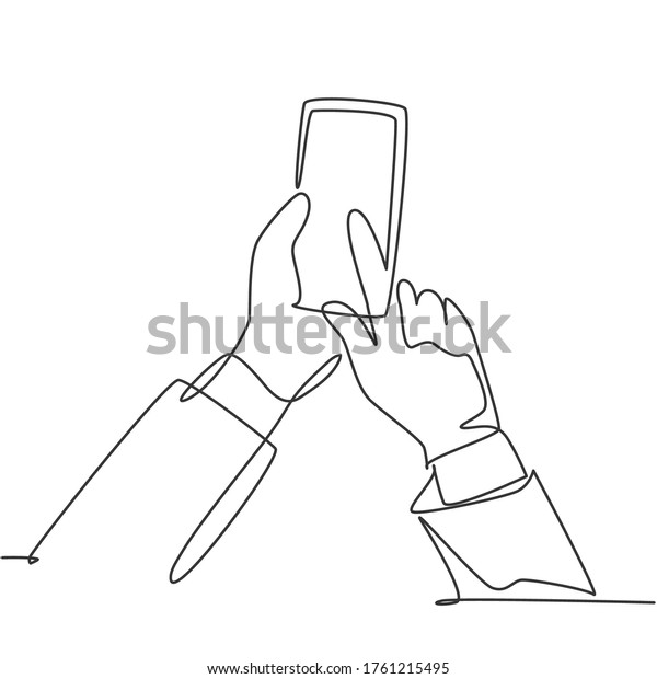 One continuous line drawing of gesture hands\
holding and touch the screen of smartphone to finish transaction on\
online shop. Gadget device concept single line draw design graphic\
vector illustration