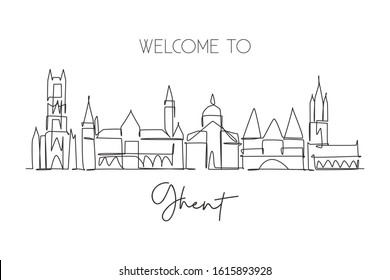 One continuous line drawing Ghent city skyline, Belgium. Beautiful skyscraper. World landscape tourism travel wall decor poster print art concept. Stylish single line draw design vector illustration