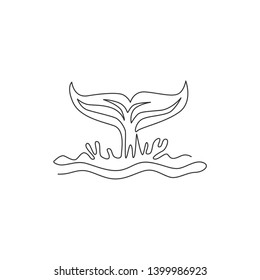 One continuous line drawing of giant tail whale for water aquatic park logo identity. Big ocean mammal animal mascot concept for environment organization. Single line draw design vector illustration