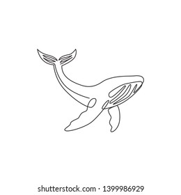 One continuous line drawing of giant whale for water aquatic park logo identity. Big ocean mammal animal mascot concept for environment organization. Trendy single line draw design illustration vector