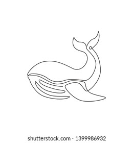 One continuous line drawing of giant whale for water aquatic park logo identity. Big ocean mammal animal mascot concept for environment organization. Trendy single line draw vector design illustration