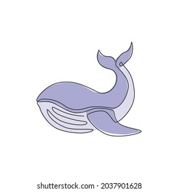 One continuous line drawing of giant whale for water aquatic park logo identity. Big ocean mammal animal mascot concept for environment organization. Trendy single line draw vector design illustration