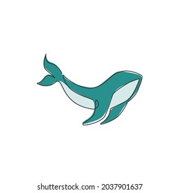 One continuous line drawing of giant whale for water aquatic park logo identity. Big ocean mammal animal mascot concept for environment organization. Single line draw design graphic illustration