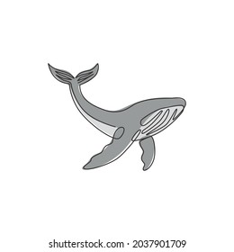 One continuous line drawing of giant whale for water aquatic park logo identity. Big ocean mammal animal mascot concept for environment organization. Trendy single line draw design illustration vector