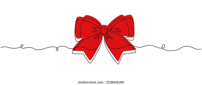 One continuous line drawing of gift ribbon red bow. Christmas and birthday present wrap in simple linear style. Concept of holiday and celebration in editable stroke. Doodle vector illustration