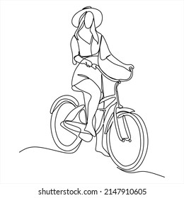 Un dibujo continuo de una chica en bicicleta. Una mujer linda disfruta montar en bicicleta por la mañana para hacer ejercicio. Tema del estilo de vida saludable aislado en el fondo blanco. Estilo minimalista vectorial