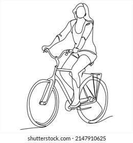 One continuous line drawing of a girl riding bicycle. A cute woman enjoy riding her cycle in the morning to exercise. Healthy lifestyle theme isolated on white background. Vector minimalist style