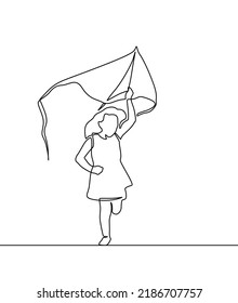 One continuous line drawing of a girl having fun flying a kite. A child runs in the park. Dynamic one line draw graphic design vector illustration.One single line drawing of happy young teenager girl 