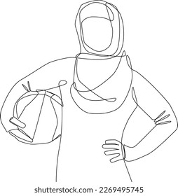 One continuous line drawing of a girl playing volley ball. Girl activity at Ramadhan. Ramadhan activity minimalist concept. Ramadhan, vector graphic design illustration.