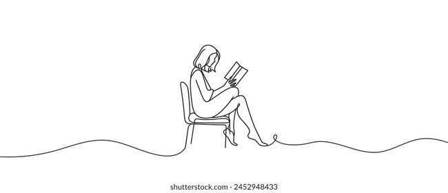One continuous line drawing, a girl reading a book. vector illustration.