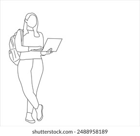 One continuous line drawing of girl student standing with backpack on his back and hold laptop in his hand. Back to school concept. Single line draw design vector graphic illustration.
