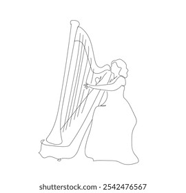 One continuous line drawing of Girl playing harp. Woman musician performs on stage. Talented artist with musical string instrument. Hobby and leisure. Lady repeats melody. Hand made vector not AI.