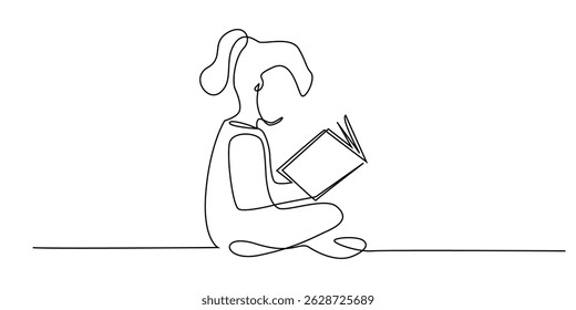 um desenho de linha contínua de uma menina lendo um livro e sentada no chão. um desenho de linha de uma criança estudando em casa. adequado para elementos educativos e de desenho de conhecimento