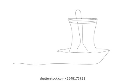 Un dibujo de línea continua de un vaso de té turco tradicional en un platillo. Ilustración vectorial sobre fondo blanco. Una bebida caliente reconocible común en el este. Vector hecho a mano, no IA.