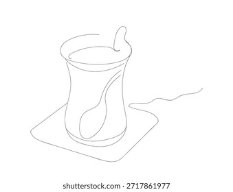 Un dibujo de línea continua de un vaso de té turco tradicional en un platillo. Ilustración vectorial sobre fondo blanco. Una bebida caliente reconocible común en el este. Vector hecho a mano, no Al