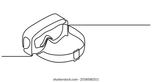 One continuous line drawing of  glasses of virtual reality. Virtual game concept. Single line draw design vector graphic illustration, Virtual reality headset - VR. Icon with reflection on white.