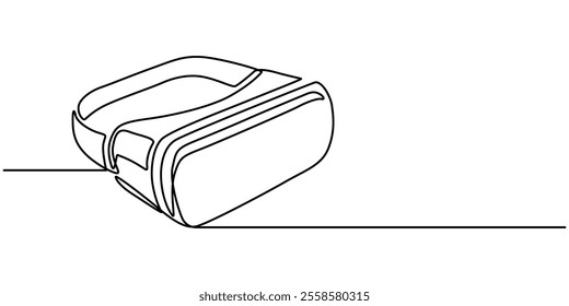 One continuous line drawing of  glasses of virtual reality. Virtual game concept. Single line draw design vector graphic illustration, Virtual reality headset - VR. Icon with reflection on white.