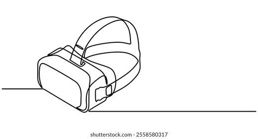 One continuous line drawing of  glasses of virtual reality. Virtual game concept. Single line draw design vector graphic illustration, Virtual reality headset - VR. Icon with reflection on white.