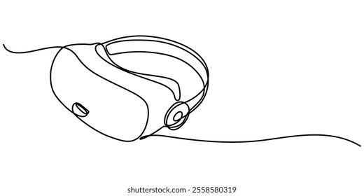 One continuous line drawing of  glasses of virtual reality. Virtual game concept. Single line draw design vector graphic illustration, Virtual reality headset - VR. Icon with reflection on white.